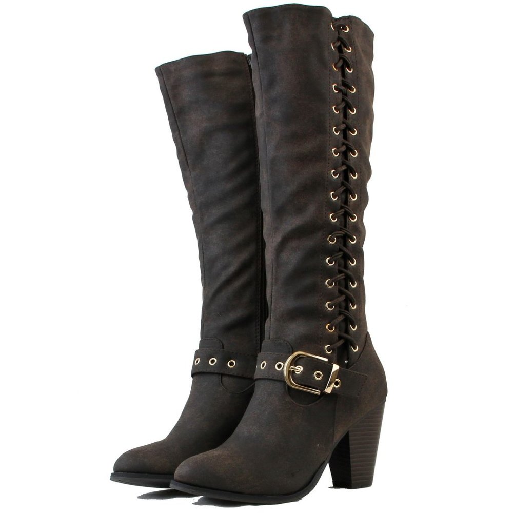 Women Knee High Boots Golden Buckle Tie Up Stylish High Cuban Heels Brown